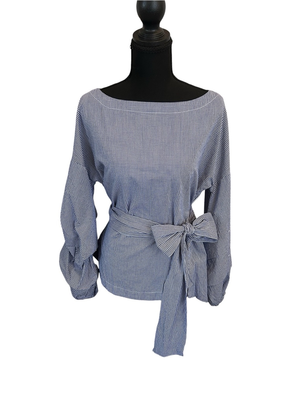 Max Jeans Blue Gingham Tie-Waist Boatneck Blouse 100% Cotton